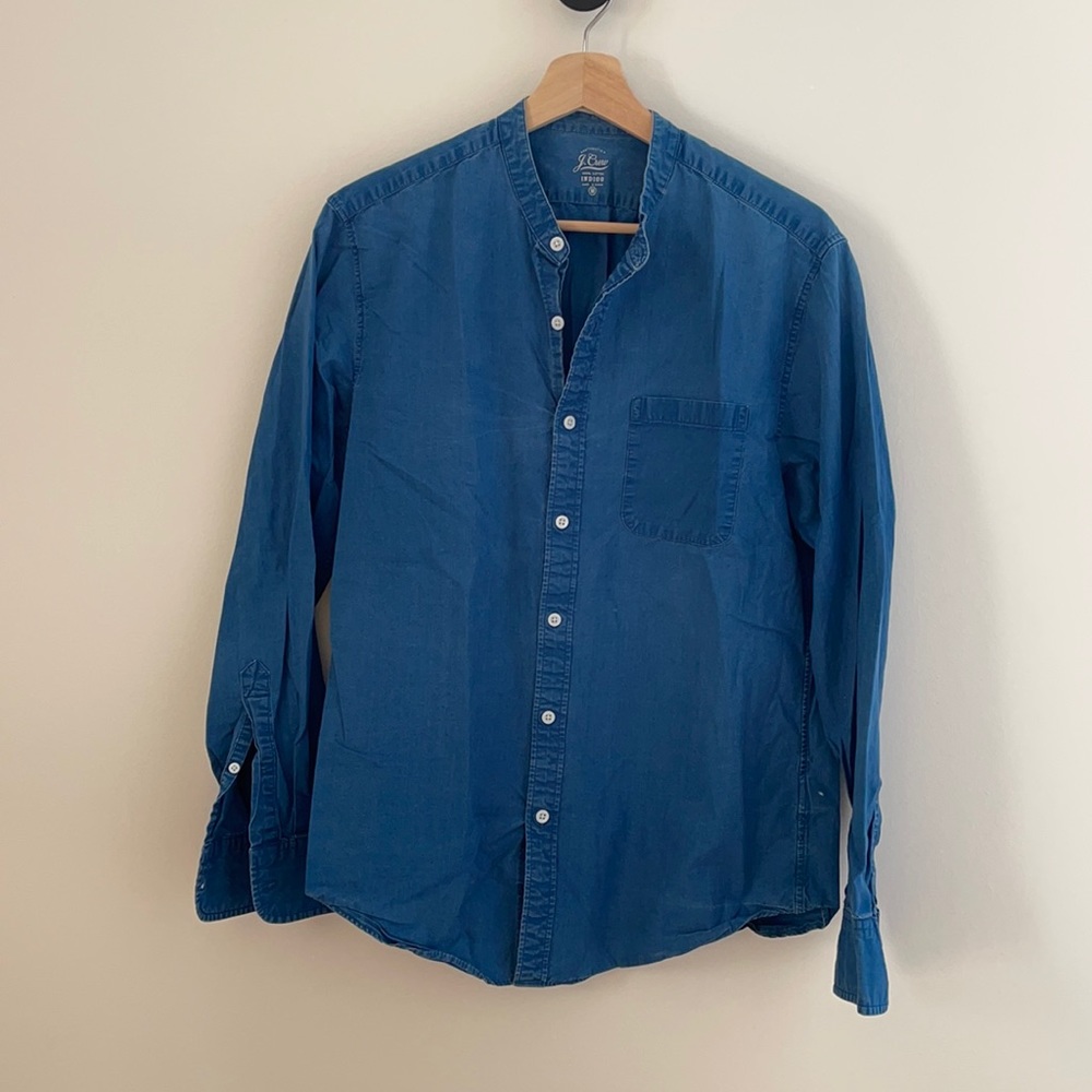 Washed indigo band collar shirt